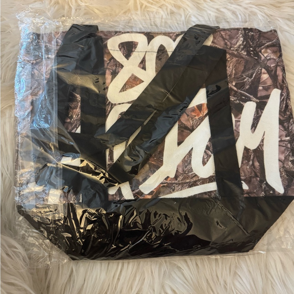 Woodland Camo Canvas Tote with Black Trim and White Script 808 All Day - Picture 1 of 5